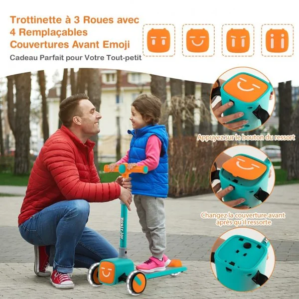 Trottinette Enfants Pliante 3 Roues PU Flash Hauteur Réglable 3-6 ans 4 Coques avant Emojis Charge max : 50 KG Vert