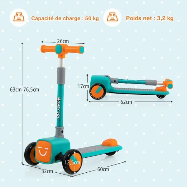 Trottinette Enfants Pliante 3 Roues PU Flash Hauteur Réglable 3-6 ans 4 Coques avant Emojis Charge max : 50 KG Vert