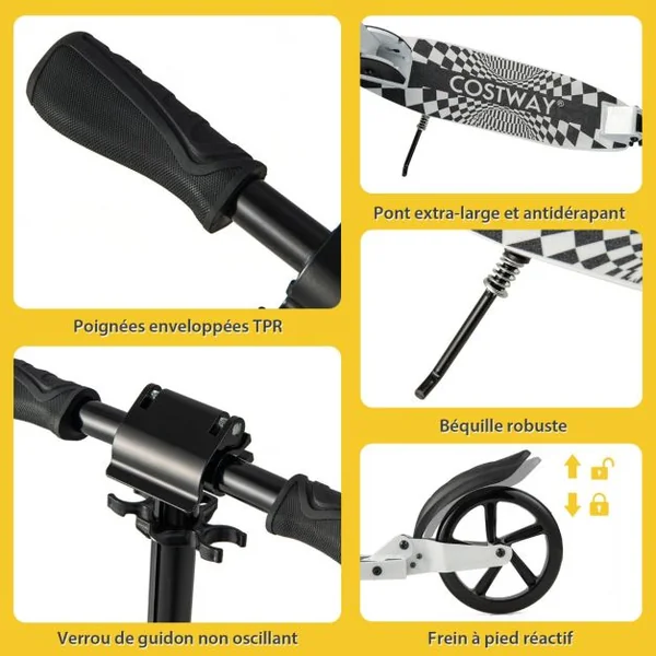Trottinette Pliable en une Seconde avec Guidon Réglable Cadre en Aluminium Béquille Roulements ABCE-7 Charge 100 kg Blanc + Noir