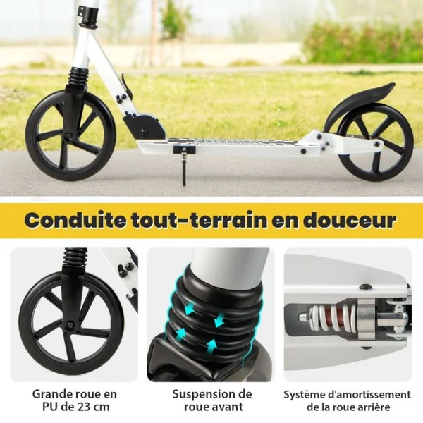 Trottinette Pliable en une Seconde avec Guidon Réglable Cadre en Aluminium Béquille Roulements ABCE-7 Charge 100 kg Blanc + Noir