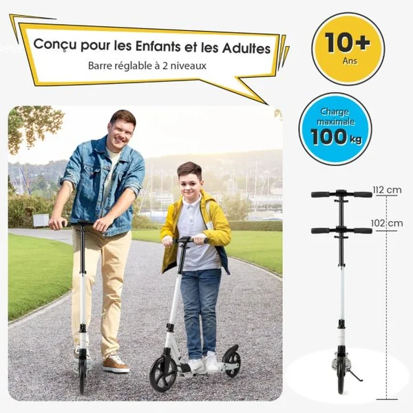 Trottinette Pliable en une Seconde avec Guidon Réglable Cadre en Aluminium Béquille Roulements ABCE-7 Charge 100 kg Blanc + Noir