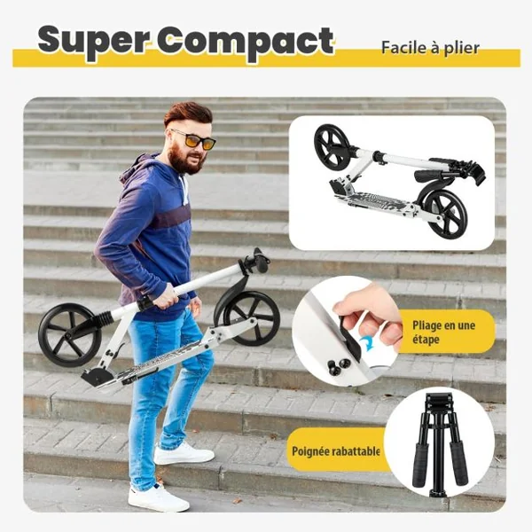 Trottinette Pliable en une Seconde avec Guidon Réglable Cadre en Aluminium Béquille Roulements ABCE-7 Charge 100 kg Blanc + Noir