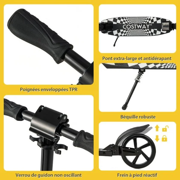 Trottinette Pliable en une Seconde avec Guidon Réglable Cadre en Aluminium Béquille Roulements ABCE-7 Charge 100 kg Noir