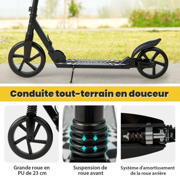 Trottinette Pliable en une Seconde avec Guidon Réglable Cadre en Aluminium Béquille Roulements ABCE-7 Charge 100 kg Noir