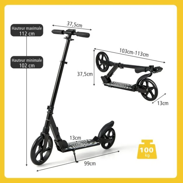 Trottinette Pliable en une Seconde avec Guidon Réglable Cadre en Aluminium Béquille Roulements ABCE-7 Charge 100 kg Noir