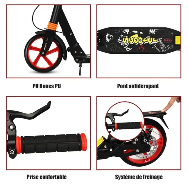 Trottinette à 2 Roues avec Frein Pliable 3 Hauteures Aajustables Fait en Alliage d'Aluminium Charge Max.100KG Noir/Noir+Rouge/Blanc/Bleu/Rouge