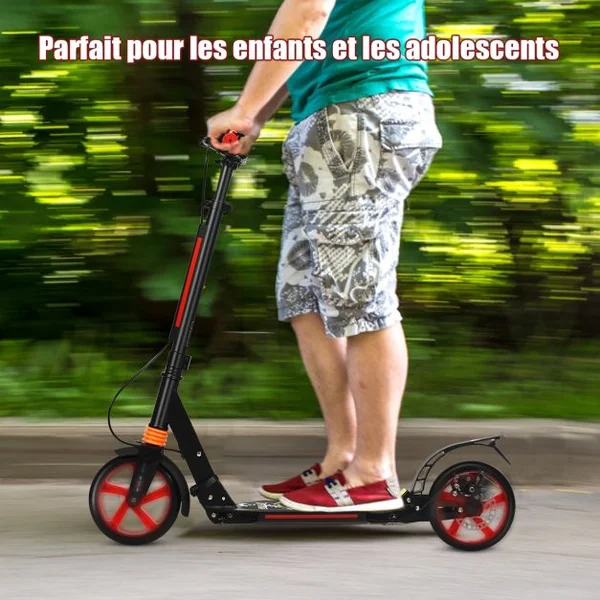Trottinette à 2 Roues avec Frein Pliable 3 Hauteures Aajustables Fait en Alliage d'Aluminium Charge Max.100KG Noir/Noir+Rouge/Blanc/Bleu/Rouge