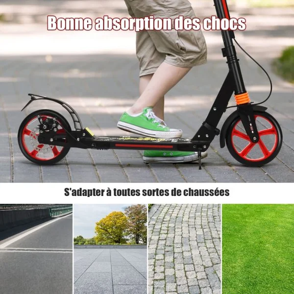 Trottinette à 2 Roues avec Frein Pliable 3 Hauteures Aajustables Fait en Alliage d'Aluminium Charge Max.100KG Noir/Noir+Rouge/Blanc/Bleu/Rouge