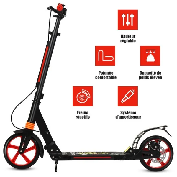 Trottinette à 2 Roues avec Frein Pliable 3 Hauteures Aajustables Fait en Alliage d'Aluminium Charge Max.100KG Noir/Noir+Rouge/Blanc/Bleu/Rouge