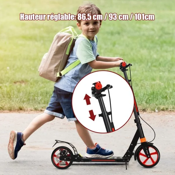Trottinette à 2 Roues avec Frein Pliable 3 Hauteures Aajustables Fait en Alliage d'Aluminium Charge Max.100KG Noir/Noir+Rouge/Blanc/Bleu/Rouge