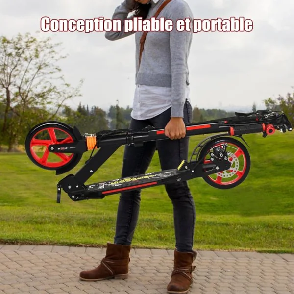 Trottinette à 2 Roues avec Frein Pliable 3 Hauteures Aajustables Fait en Alliage d'Aluminium Charge Max.100KG Noir/Noir+Rouge/Blanc/Bleu/Rouge