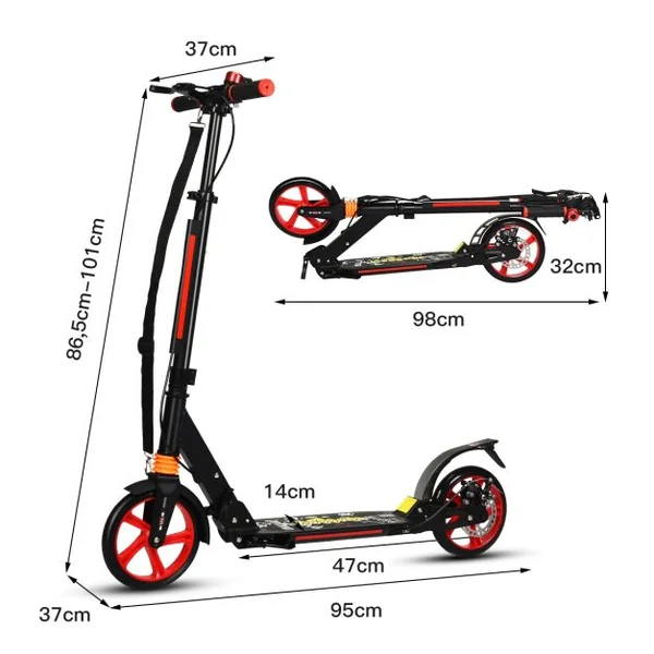Trottinette à 2 Roues avec Frein Pliable 3 Hauteures Aajustables Fait en Alliage d'Aluminium Charge Max.100KG Noir/Noir+Rouge/Blanc/Bleu/Rouge