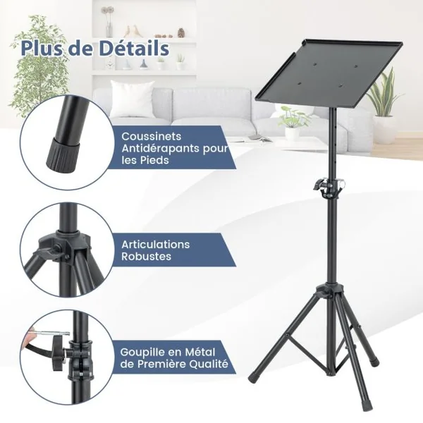 Trépied pour Projecteur à Hauteur Réglable 70-118,5CM Support Videoprojecteur pour Projecteur d'Ordinateur Portable Convient aux Bureau Maison
