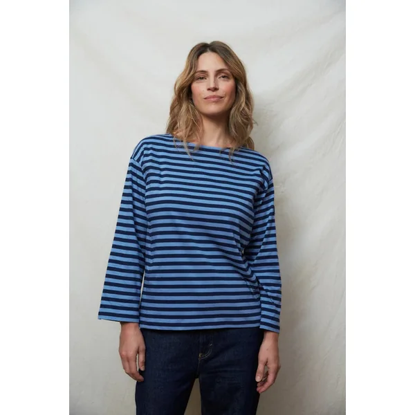 T-shirt Allaitant Manches Longues Marinière Bleu Rayé en Coton