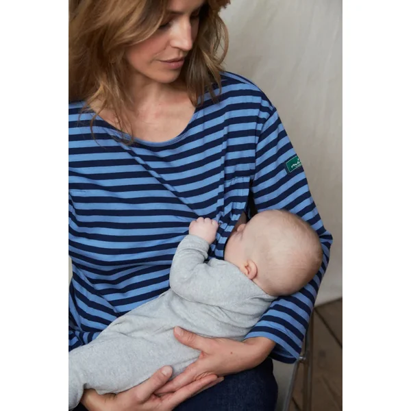 T-shirt Allaitant Manches Longues Marinière Bleu Rayé en Coton