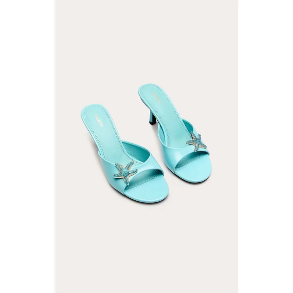 Turquoise Mule À Talon Chaton Avec Ornement Étoile De Mer