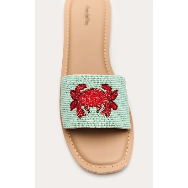 Turquoise Sandales Mules Plates Ornées De Crabe