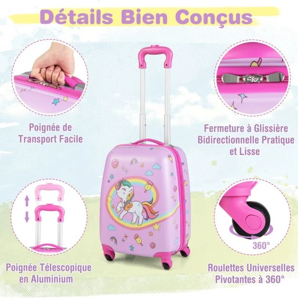 Valise Enfant à Roulettes 16’’ + Sac à dos 12’’ Ensemble de Bagage Enfants 10 Couleurs au Choix