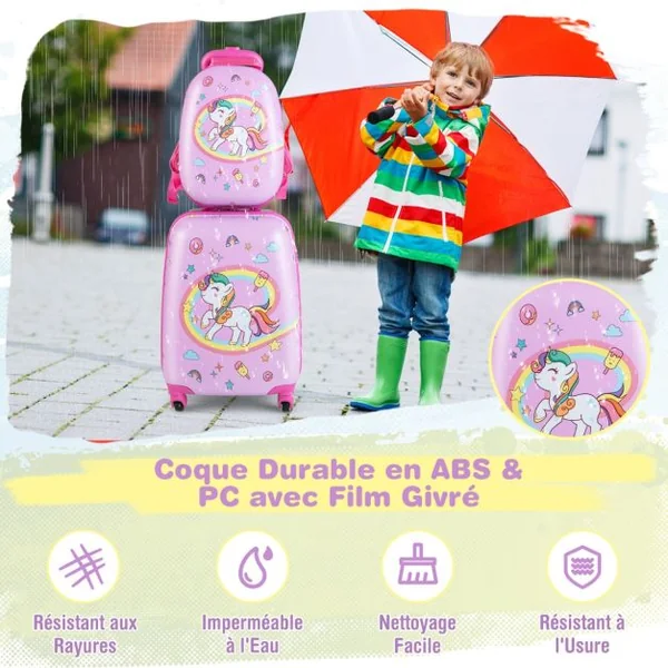 Valise Enfant à Roulettes 16’’ + Sac à dos 12’’ Ensemble de Bagage Enfants 10 Couleurs au Choix