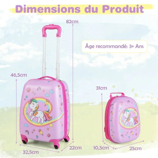 Valise Enfant à Roulettes 16’’ + Sac à dos 12’’ Ensemble de Bagage Enfants 10 Couleurs au Choix