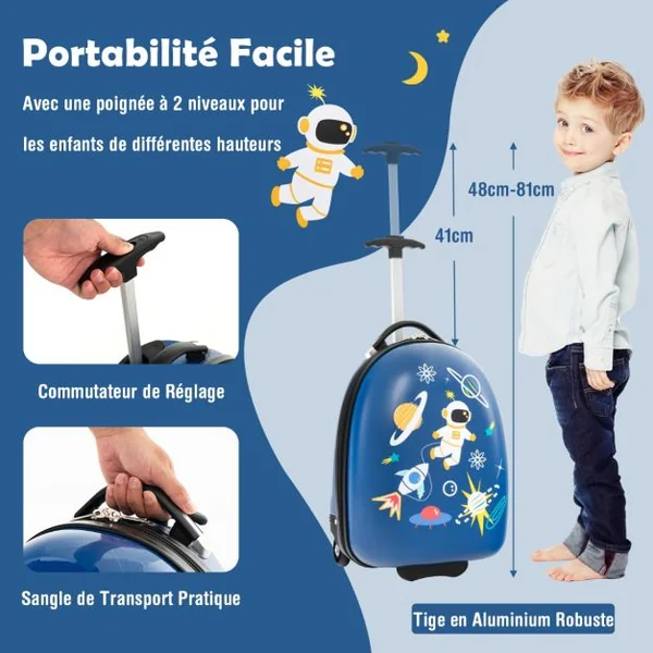 Valise Enfants à Roulettes 16’’ avec Coque Rigide Bagage Enfants avec Poignée en Aluminium à 2 Niveaux Motif Vifs Bleu/Violet