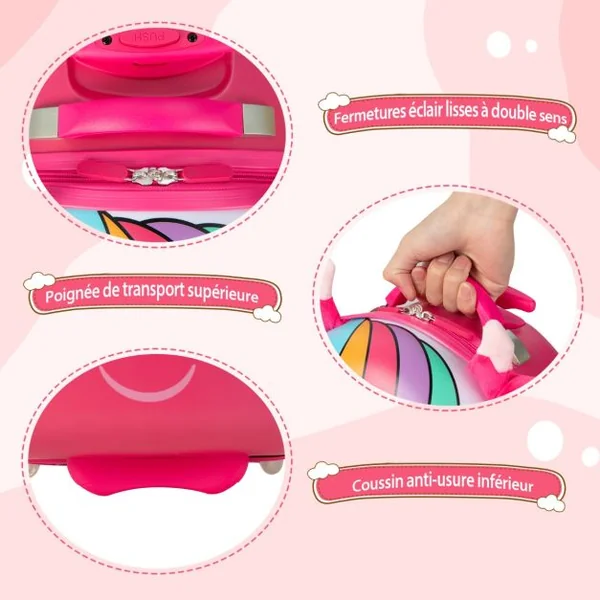 Valise Enfants à Roulettes 16’’ avec Roues Lumineuses Bagages Enfant avec Poignée Rétractable 68,5-83,5CM Cheval