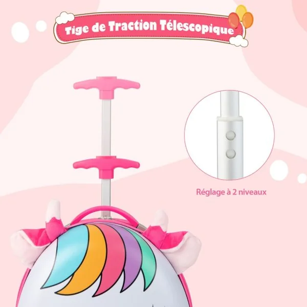 Valise Enfants à Roulettes 16’’ avec Roues Lumineuses Bagages Enfant avec Poignée Rétractable 68,5-83,5CM Cheval
