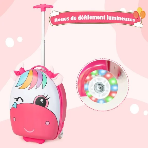 Valise Enfants à Roulettes 16’’ avec Roues Lumineuses Bagages Enfant avec Poignée Rétractable 68,5-83,5CM Cheval