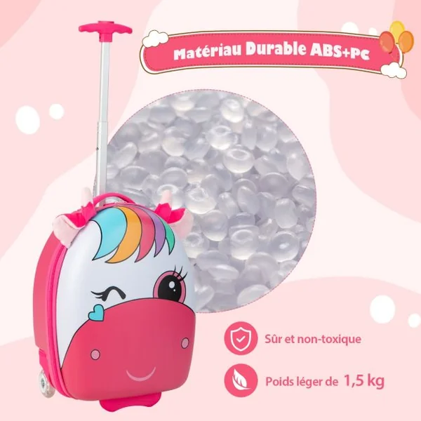 Valise Enfants à Roulettes 16’’ avec Roues Lumineuses Bagages Enfant avec Poignée Rétractable 68,5-83,5CM Cheval
