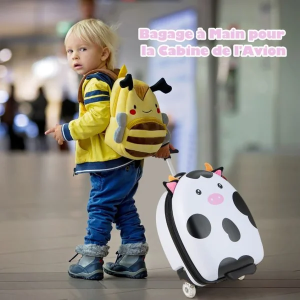 Valise Enfants à Roulettes 16’’ avec Roues Lumineuses Bagages Enfant avec Poignée Rétractable 68,5-83,5CM Laitière