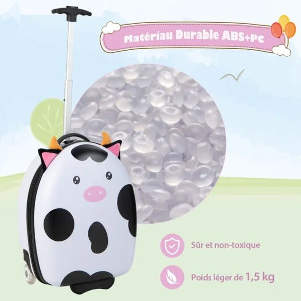 Valise Enfants à Roulettes 16’’ avec Roues Lumineuses Bagages Enfant avec Poignée Rétractable 68,5-83,5CM Laitière