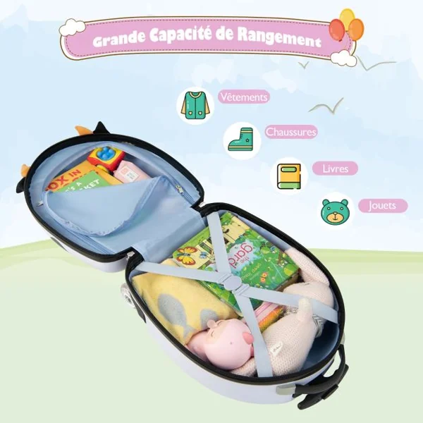 Valise Enfants à Roulettes 16’’ avec Roues Lumineuses Bagages Enfant avec Poignée Rétractable 68,5-83,5CM Laitière