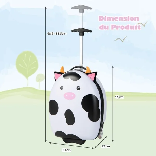 Valise Enfants à Roulettes 16’’ avec Roues Lumineuses Bagages Enfant avec Poignée Rétractable 68,5-83,5CM Laitière