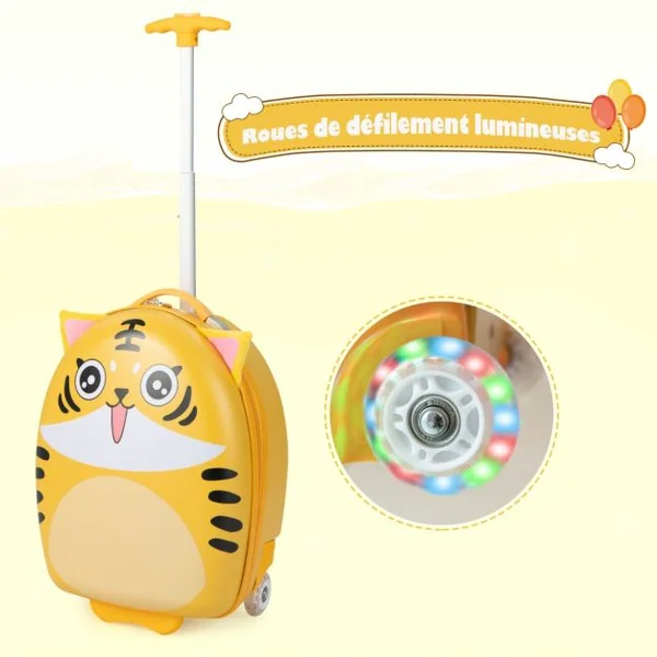 Valise Enfants à Roulettes 16’’ avec Roues Lumineuses Bagages Enfant avec Poignée Rétractable 68,5-83,5CM Tigre