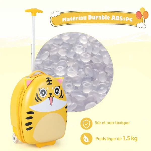 Valise Enfants à Roulettes 16’’ avec Roues Lumineuses Bagages Enfant avec Poignée Rétractable 68,5-83,5CM Tigre