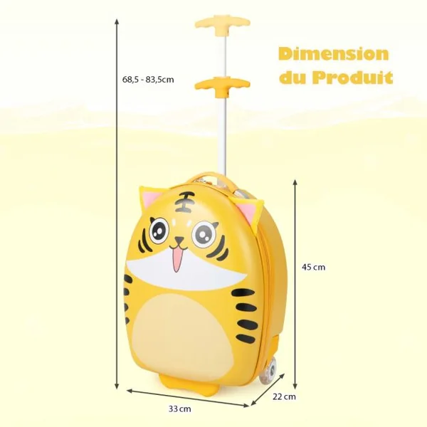 Valise Enfants à Roulettes 16’’ avec Roues Lumineuses Bagages Enfant avec Poignée Rétractable 68,5-83,5CM Tigre