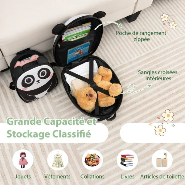 Valise Enfants à Roulettes 16” et Sac à Dos 12” avec Motif Mignon Bagages avec Poignée Rétractable 58-74CM 30x21x40CM Blanc/Rose/Jaune
