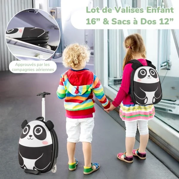 Valise Enfants à Roulettes 16” et Sac à Dos 12” avec Motif Mignon Bagages avec Poignée Rétractable 58-74CM 30x21x40CM Blanc/Rose/Jaune