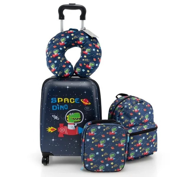 Valise Enfants à Roulettes 16’’ & Sac à Dos 13’’Ensemble de 5 Bagages pour Enfants avec Oreiller Cervical Etiquette Bleu/Bleu foncé/Rose/Rose pale