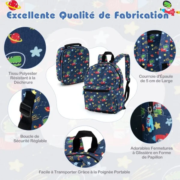 Valise Enfants à Roulettes 16’’ & Sac à Dos 13’’Ensemble de 5 Bagages pour Enfants avec Oreiller Cervical Etiquette Bleu/Bleu foncé/Rose/Rose pale