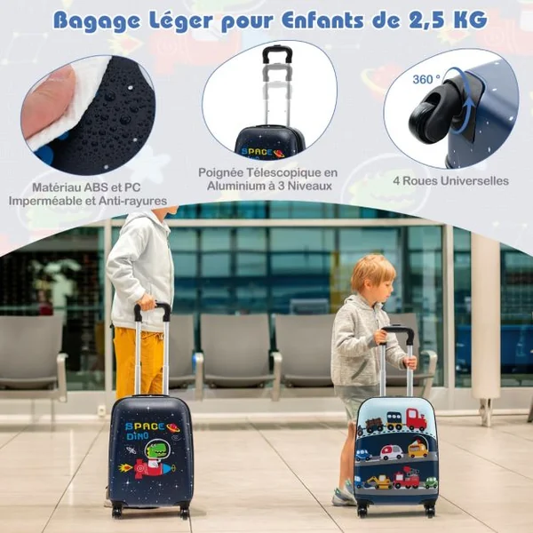 Valise Enfants à Roulettes 16’’ & Sac à Dos 13’’Ensemble de 5 Bagages pour Enfants avec Oreiller Cervical Etiquette Bleu/Bleu foncé/Rose/Rose pale