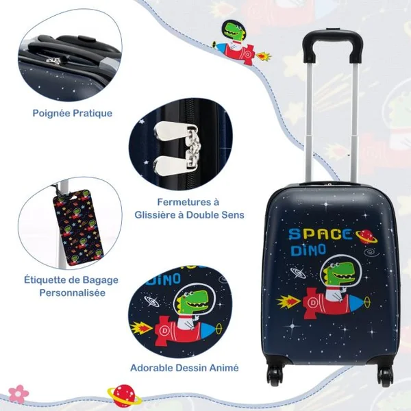 Valise Enfants à Roulettes 16’’ & Sac à Dos 13’’Ensemble de 5 Bagages pour Enfants avec Oreiller Cervical Etiquette Bleu/Bleu foncé/Rose/Rose pale
