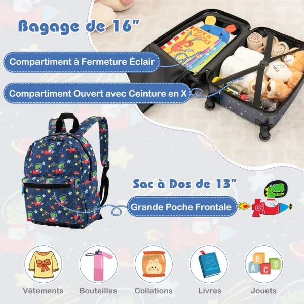 Valise Enfants à Roulettes 16’’ & Sac à Dos 13’’Ensemble de 5 Bagages pour Enfants avec Oreiller Cervical Etiquette Bleu/Bleu foncé/Rose/Rose pale