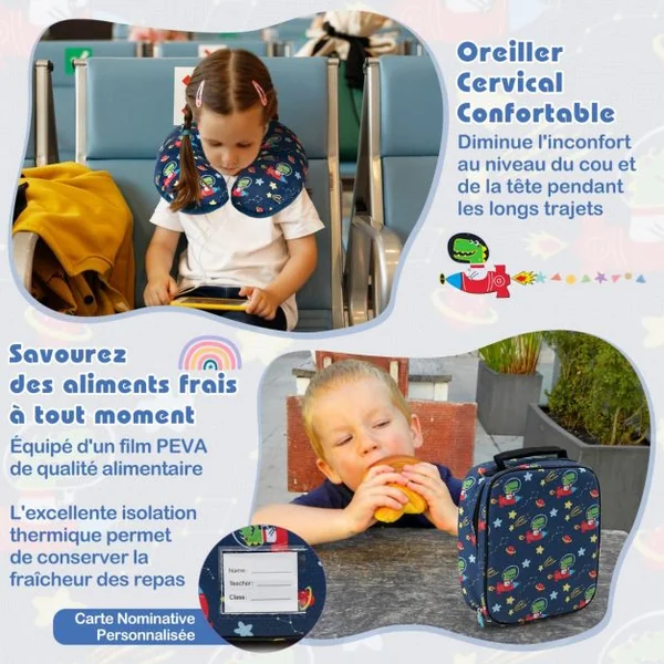 Valise Enfants à Roulettes 16’’ & Sac à Dos 13’’Ensemble de 5 Bagages pour Enfants avec Oreiller Cervical Etiquette Bleu/Bleu foncé/Rose/Rose pale