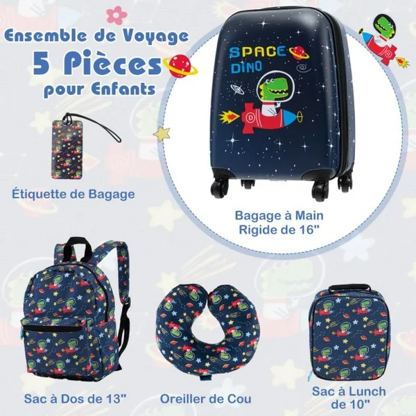 Valise Enfants à Roulettes 16’’ & Sac à Dos 13’’Ensemble de 5 Bagages pour Enfants avec Oreiller Cervical Etiquette Bleu/Bleu foncé/Rose/Rose pale