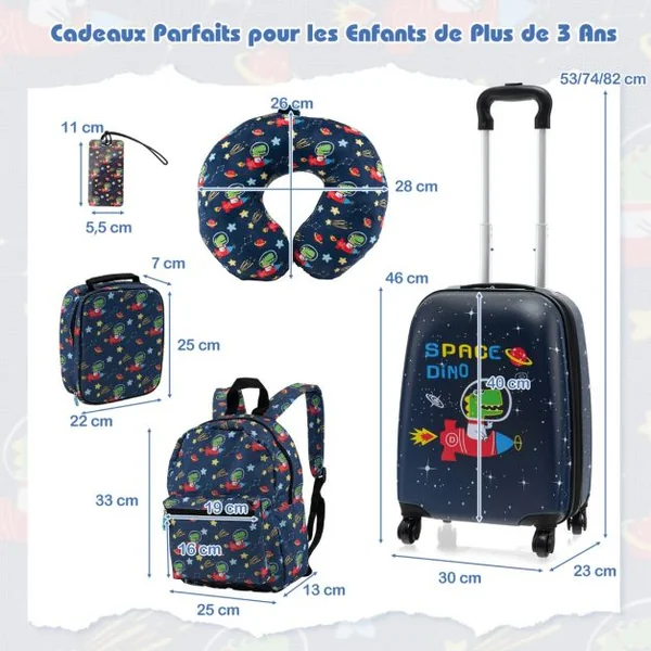 Valise Enfants à Roulettes 16’’ & Sac à Dos 13’’Ensemble de 5 Bagages pour Enfants avec Oreiller Cervical Etiquette Bleu/Bleu foncé/Rose/Rose pale