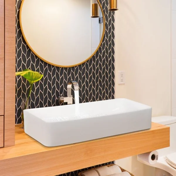 Vasque à Poser Lavabo Salle de Bain 60 x 35 cm avec Vidange Escamotable Conception de Glaçure en Porcelaine Blanche Blanc