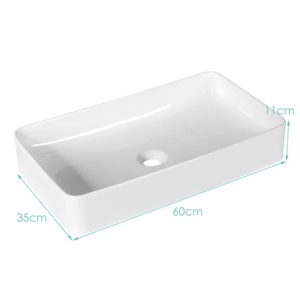Vasque à Poser Lavabo Salle de Bain 60 x 35 cm avec Vidange Escamotable Conception de Glaçure en Porcelaine Blanche Blanc