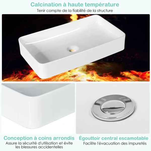 Vasque à Poser Lavabo Salle de Bain 60 x 35 cm avec Vidange Escamotable Conception de Glaçure en Porcelaine Blanche Blanc