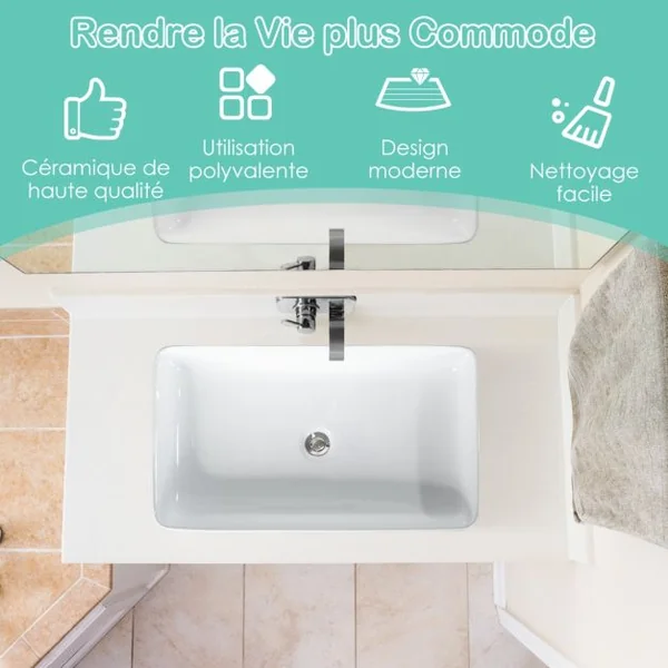 Vasque à Poser Lavabo Salle de Bain 60 x 35 cm avec Vidange Escamotable Conception de Glaçure en Porcelaine Blanche Blanc